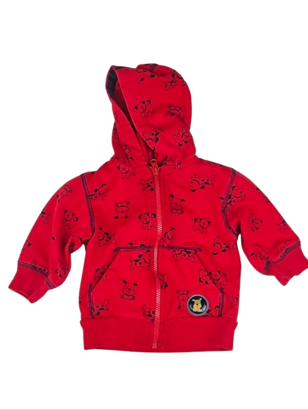 Vintage 12 Mos Baby Red Hoodie Zip Sweatshirt Dog Print w/ Pockets